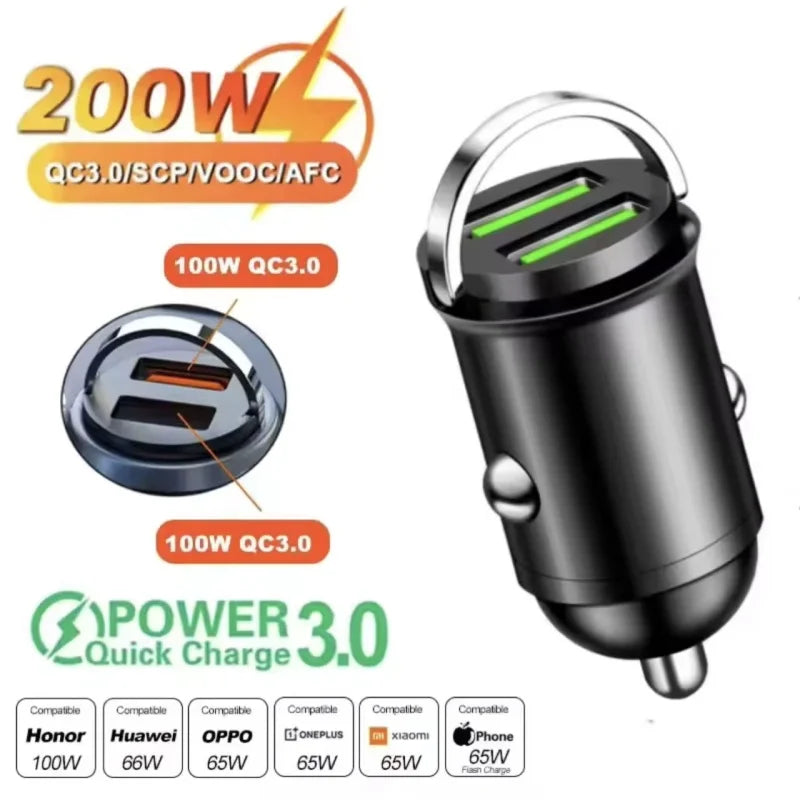 2025 200W mini car charger fast charging for iPhone QC3.0 mini PD USB Type C car mobile phone charger for Xiaomi Samsung Huawei