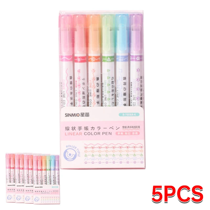 6Pcs Set Flower Shape Outline Pens Highlighter Marker Curve Roller Tip Pen Cute Stationery Kawaii Graffiti School Accessories