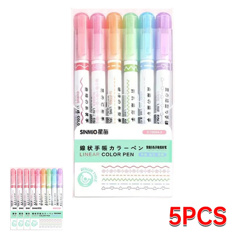 6Pcs Set Flower Shape Outline Pens Highlighter Marker Curve Roller Tip Pen Cute Stationery Kawaii Graffiti School Accessories