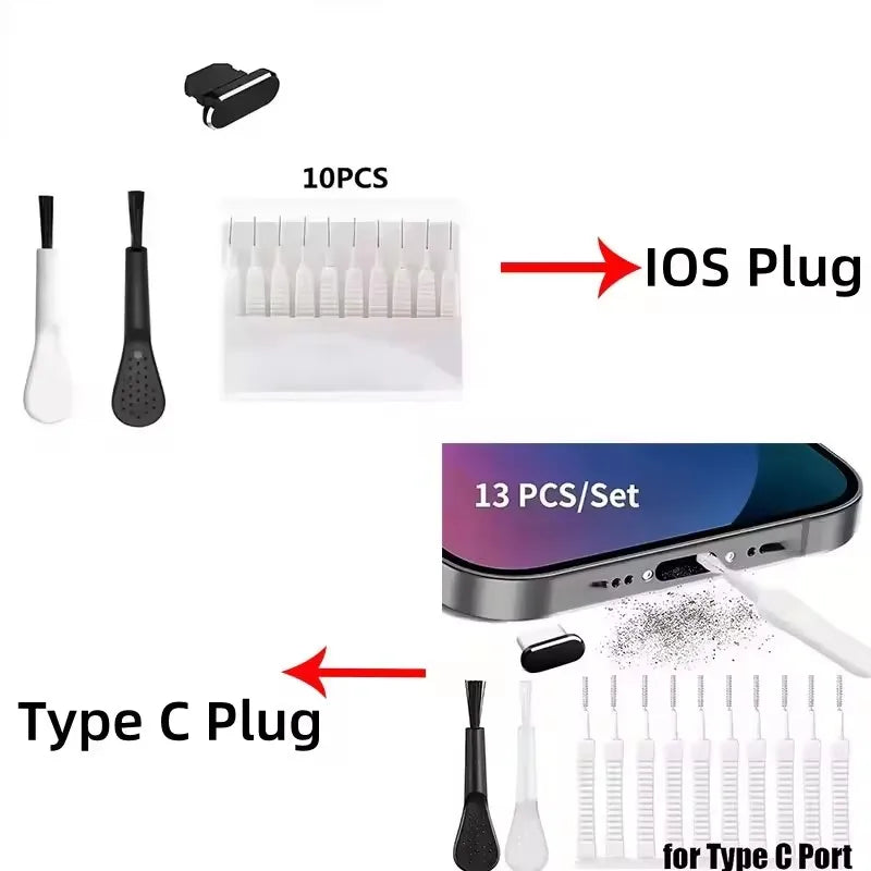 Cell Phone Charging Port Dust Plug with Cleaning Brush for IPhone 17 16 15 14Pro Max Plus Samsung Xiaomi IOS Type C Cleaner Set