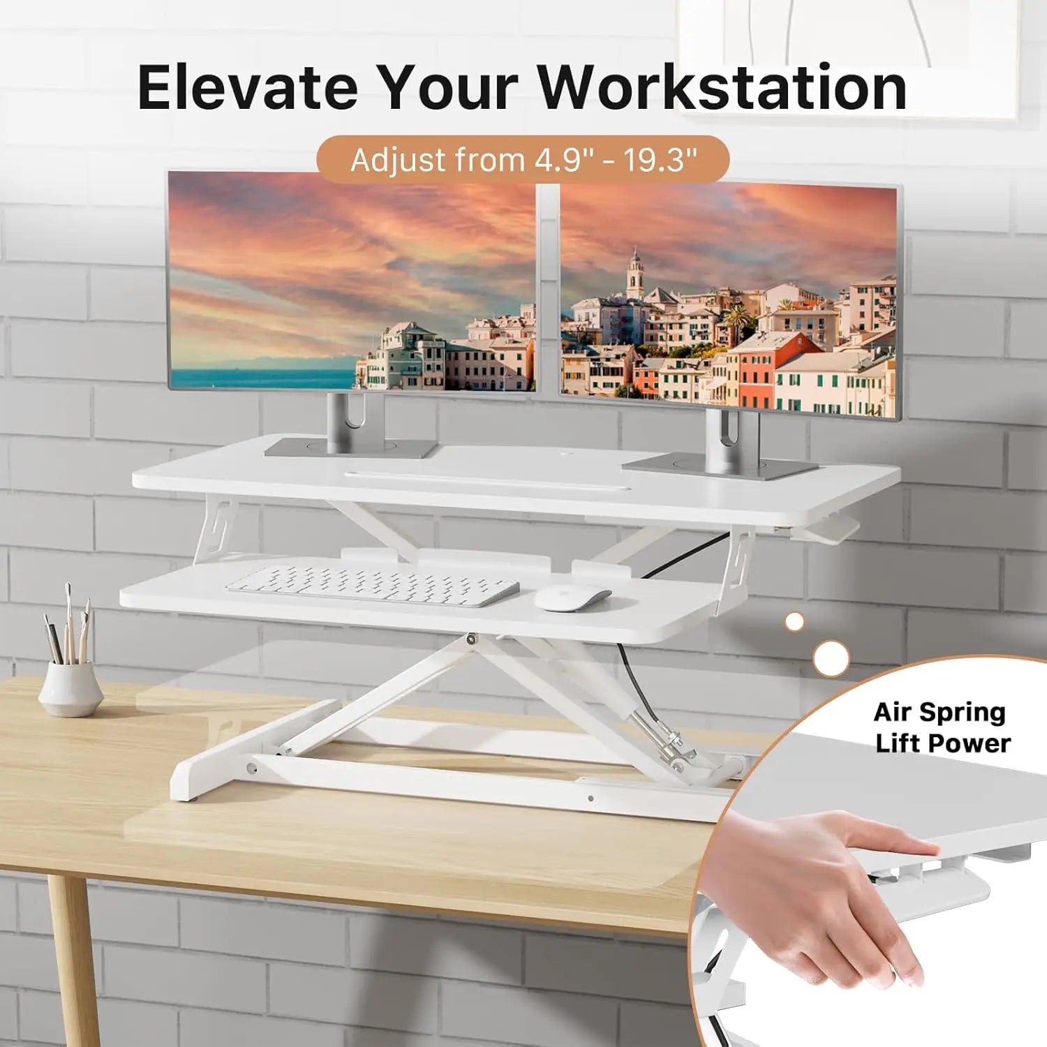 32" Height Adjustable Standing Desk Converter with Keyboard Tray, White, Home Office Workstation Riser