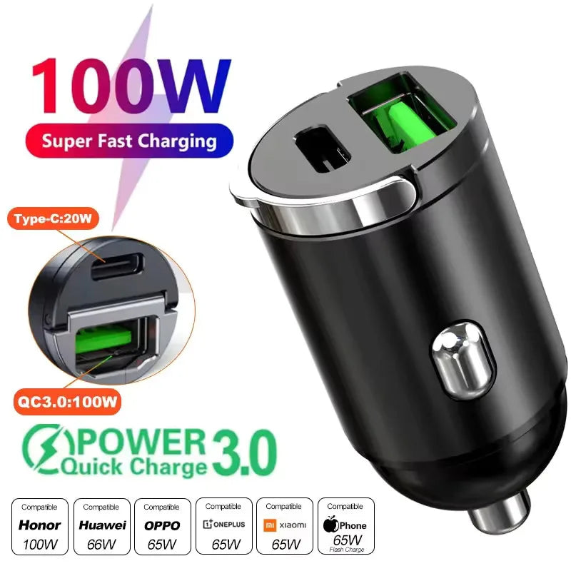 2025 200W mini car charger fast charging for iPhone QC3.0 mini PD USB Type C car mobile phone charger for Xiaomi Samsung Huawei