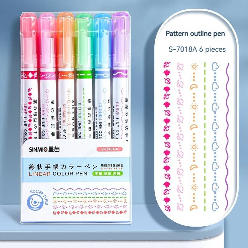 6Pcs Set Flower Shape Outline Pens Highlighter Marker Curve Roller Tip Pen Cute Stationery Kawaii Graffiti School Accessories