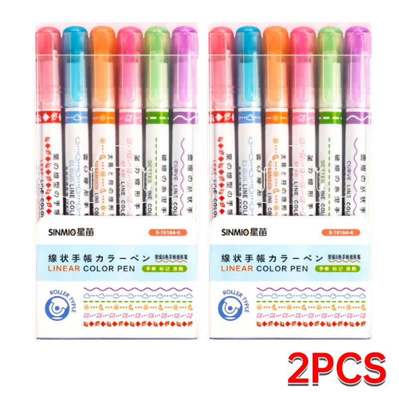 6Pcs Set Flower Shape Outline Pens Highlighter Marker Curve Roller Tip Pen Cute Stationery Kawaii Graffiti School Accessories