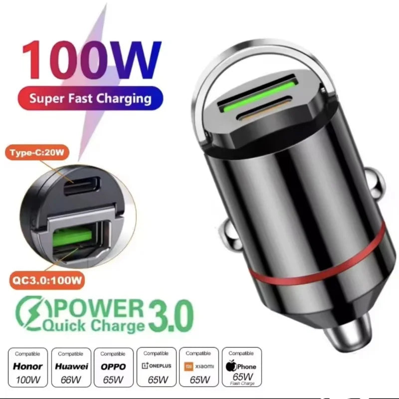 2025 200W mini car charger fast charging for iPhone QC3.0 mini PD USB Type C car mobile phone charger for Xiaomi Samsung Huawei