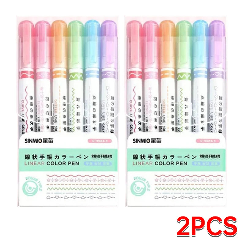 6Pcs Set Flower Shape Outline Pens Highlighter Marker Curve Roller Tip Pen Cute Stationery Kawaii Graffiti School Accessories