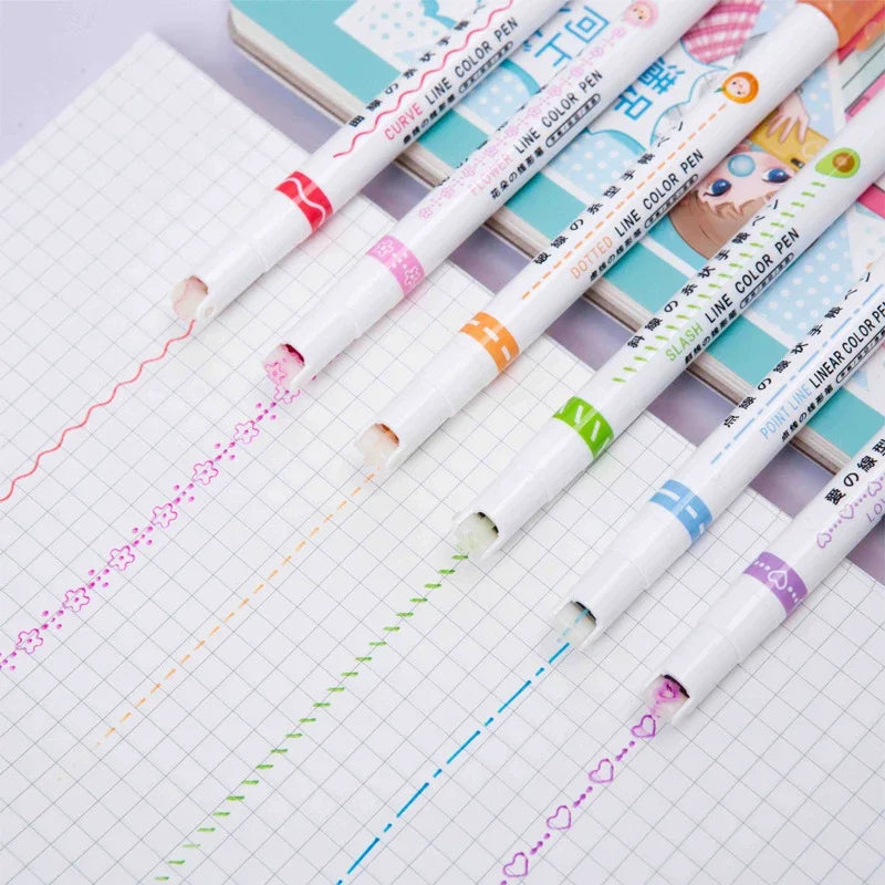 6Pcs Set Flower Shape Outline Pens Highlighter Marker Curve Roller Tip Pen Cute Stationery Kawaii Graffiti School Accessories