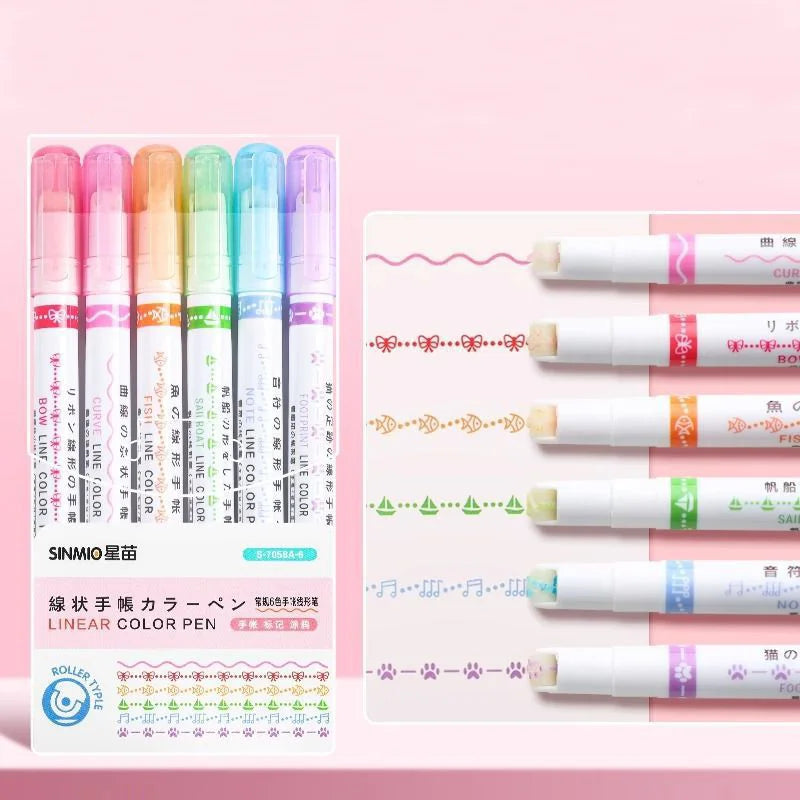 6Pcs Set Flower Shape Outline Pens Highlighter Marker Curve Roller Tip Pen Cute Stationery Kawaii Graffiti School Accessories