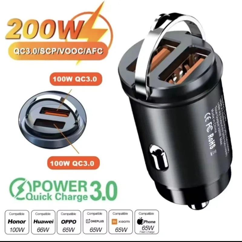 2025 200W mini car charger fast charging for iPhone QC3.0 mini PD USB Type C car mobile phone charger for Xiaomi Samsung Huawei