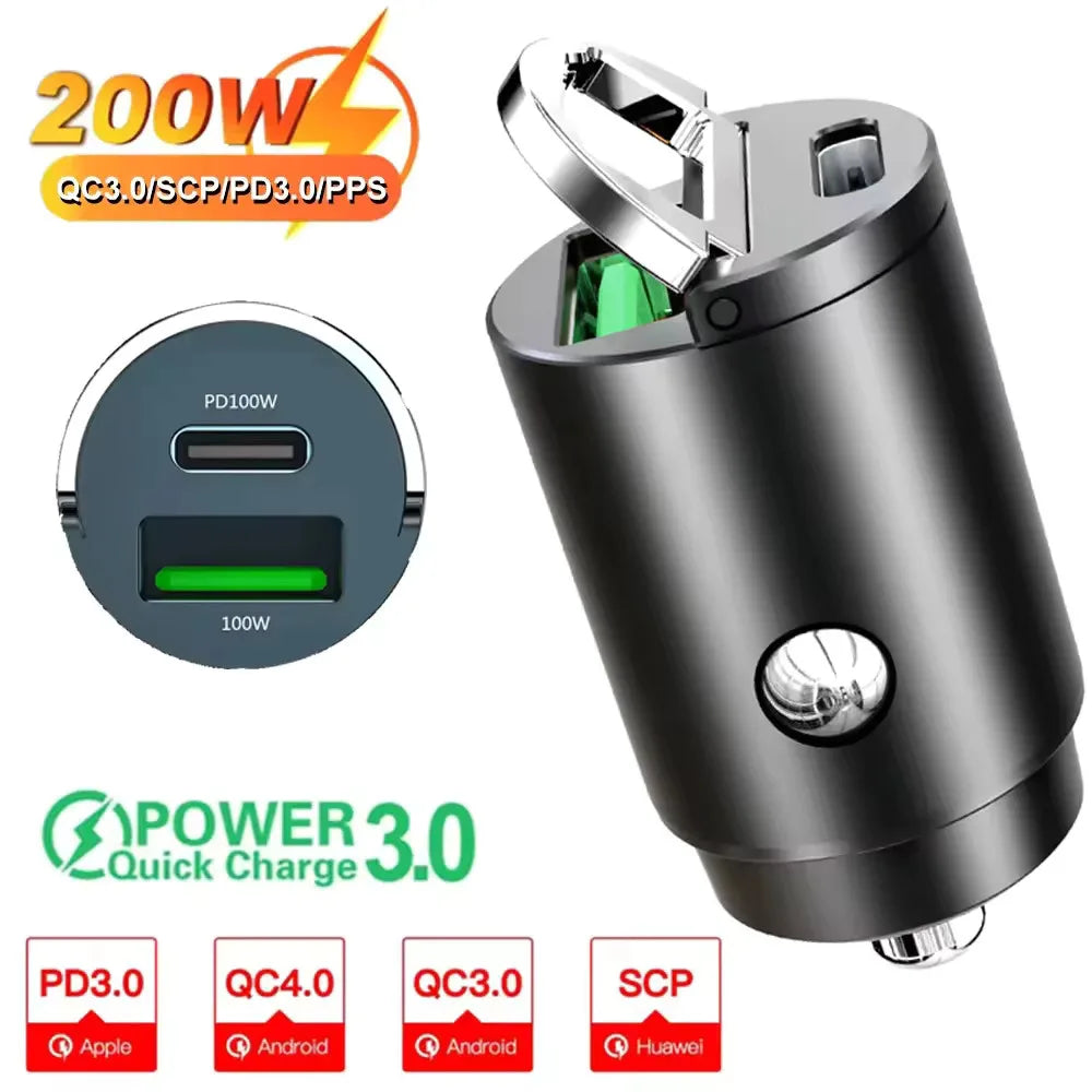 2025 200W mini car charger fast charging for iPhone QC3.0 mini PD USB Type C car mobile phone charger for Xiaomi Samsung Huawei