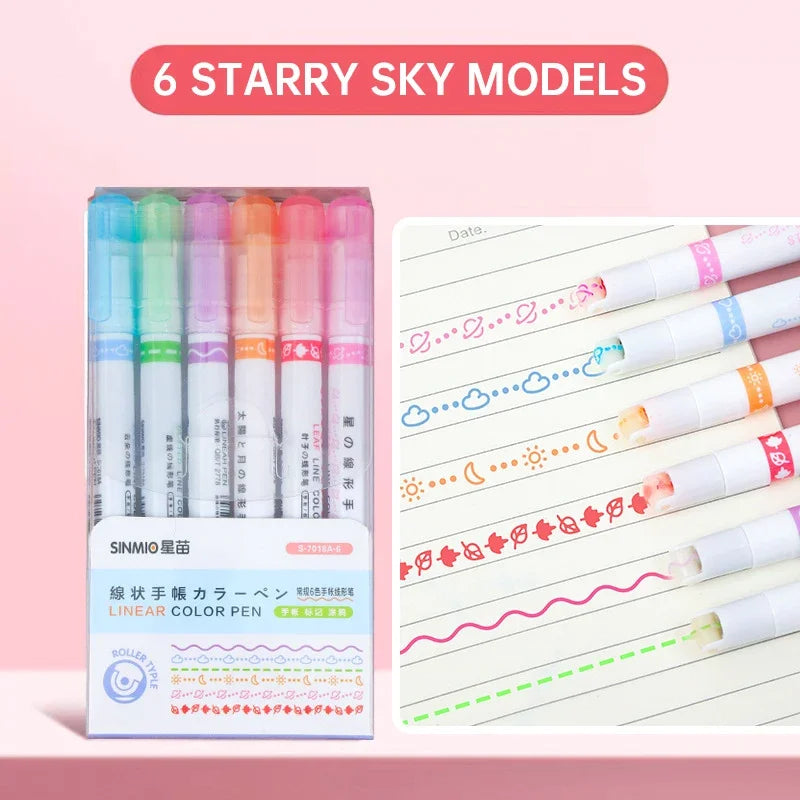 6Pcs Set Flower Shape Outline Pens Highlighter Marker Curve Roller Tip Pen Cute Stationery Kawaii Graffiti School Accessories