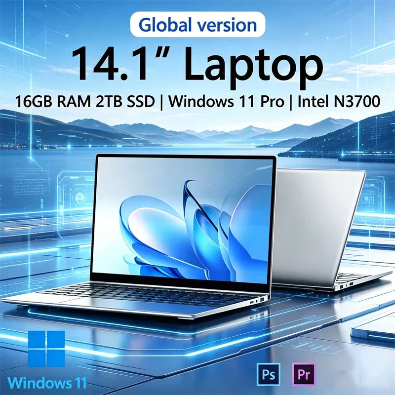 Windows 11 Pro New Ultra Slim 14.1 Laptop Intel N3700 16GB RAM 2TB SSD 1920*1080 Display Gaming Office Study PC