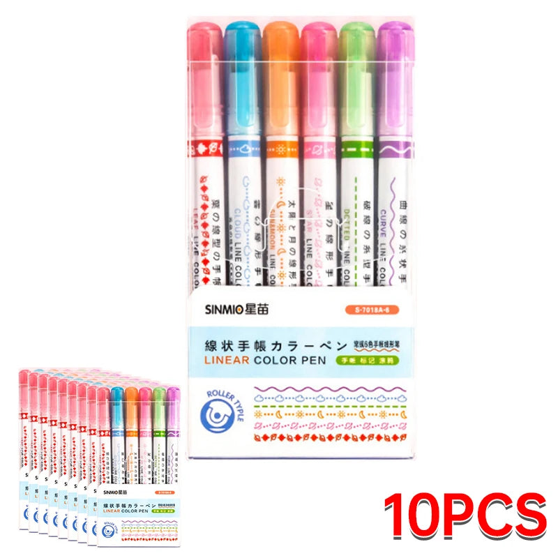 6Pcs Set Flower Shape Outline Pens Highlighter Marker Curve Roller Tip Pen Cute Stationery Kawaii Graffiti School Accessories