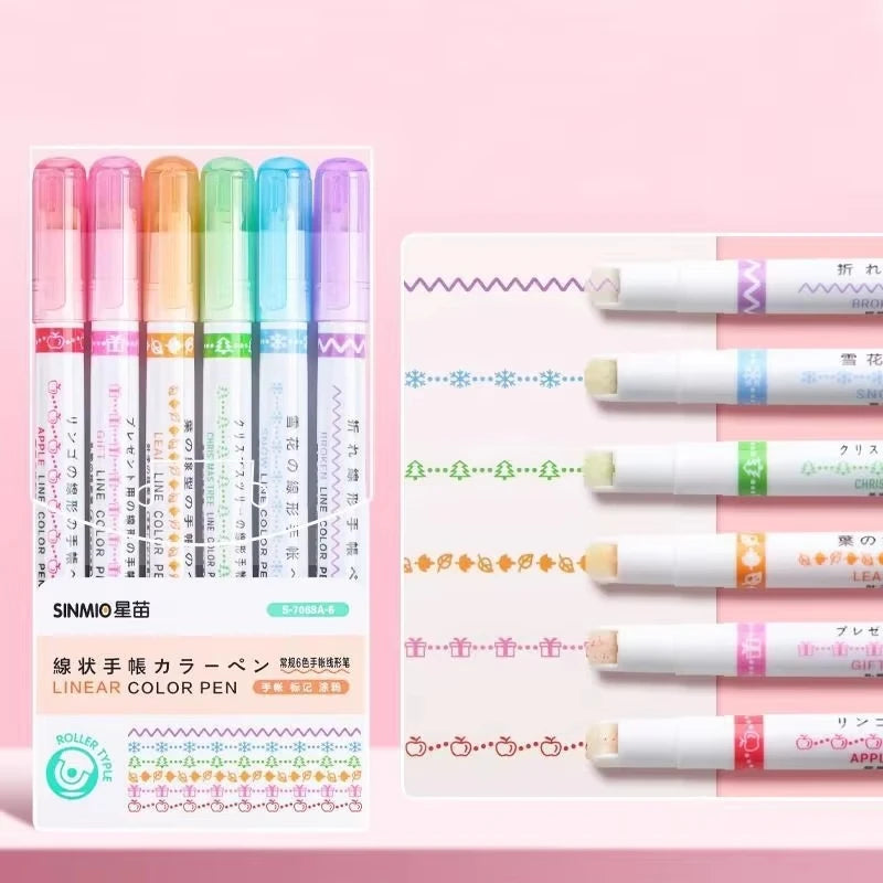 6Pcs Set Flower Shape Outline Pens Highlighter Marker Curve Roller Tip Pen Cute Stationery Kawaii Graffiti School Accessories