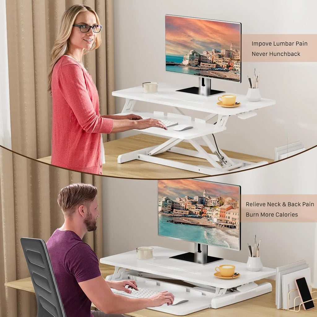 32" Height Adjustable Standing Desk Converter with Keyboard Tray, White, Home Office Workstation Riser