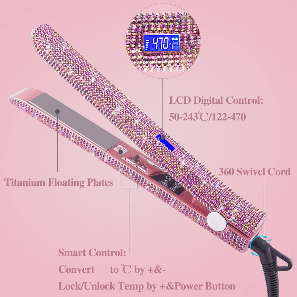 Hair Straightener Rhinestone Titanium Flat Iron Profession Salon Hair Straightening and Curling Iron