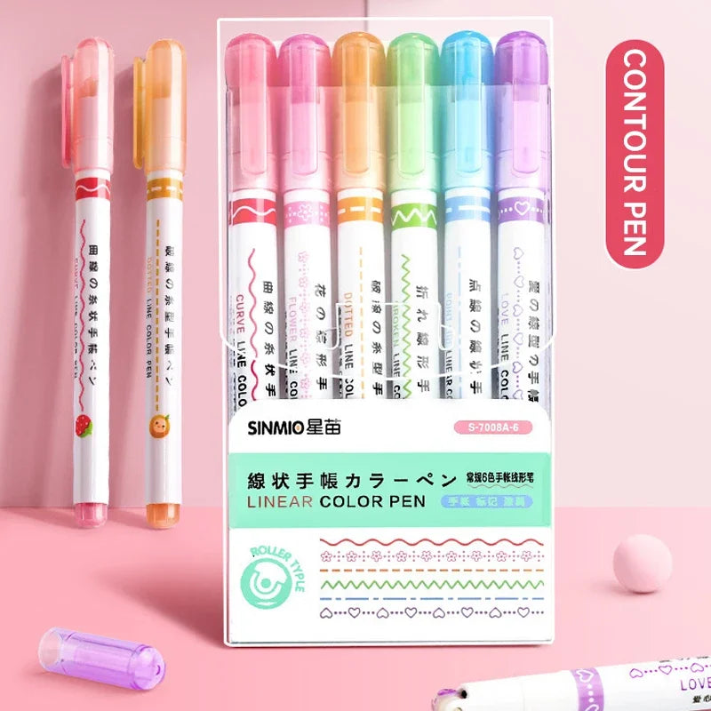 6Pcs Set Flower Shape Outline Pens Highlighter Marker Curve Roller Tip Pen Cute Stationery Kawaii Graffiti School Accessories