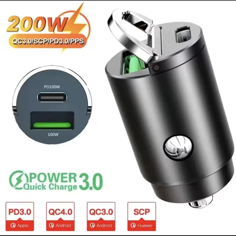 2025 200W mini car charger fast charging for iPhone QC3.0 mini PD USB Type C car mobile phone charger for Xiaomi Samsung Huawei