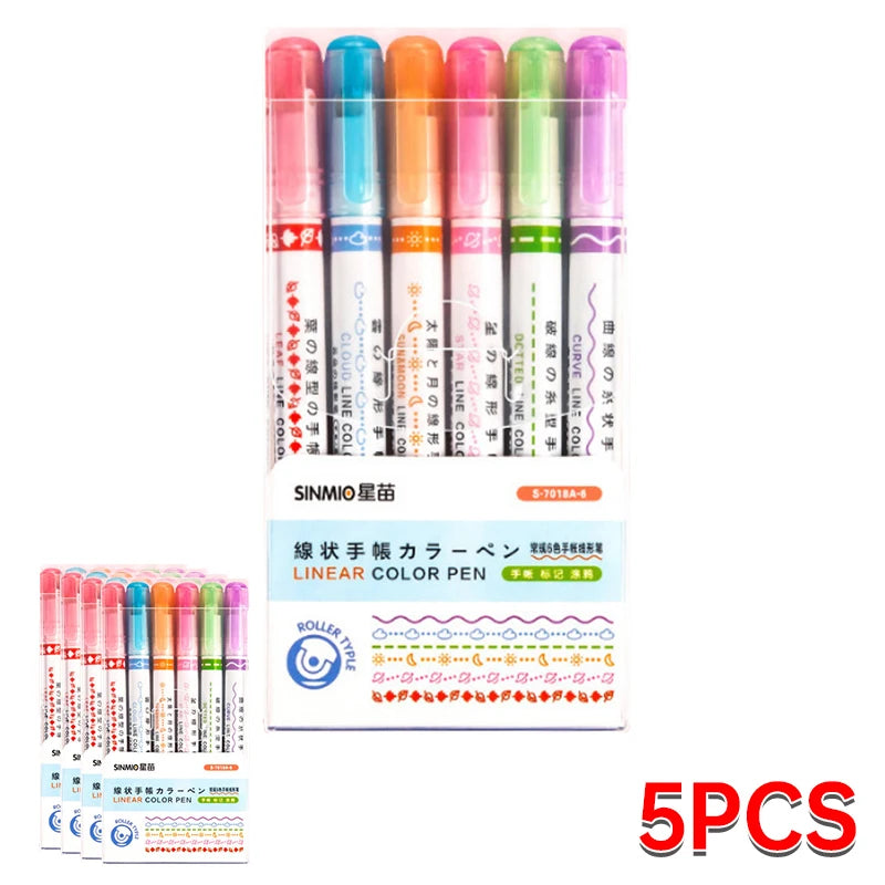 6Pcs Set Flower Shape Outline Pens Highlighter Marker Curve Roller Tip Pen Cute Stationery Kawaii Graffiti School Accessories