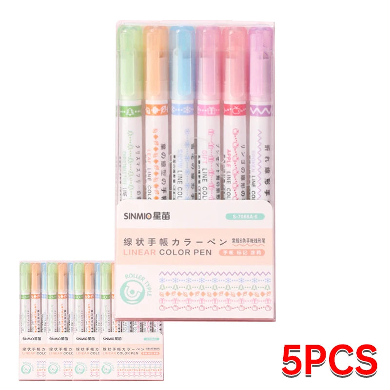 6Pcs Set Flower Shape Outline Pens Highlighter Marker Curve Roller Tip Pen Cute Stationery Kawaii Graffiti School Accessories