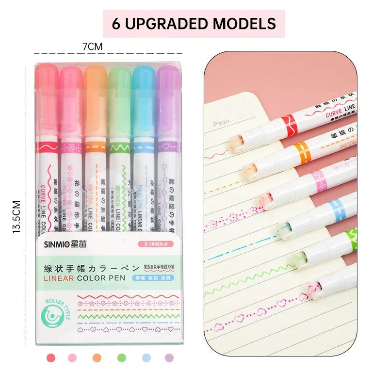 6Pcs Set Flower Shape Outline Pens Highlighter Marker Curve Roller Tip Pen Cute Stationery Kawaii Graffiti School Accessories
