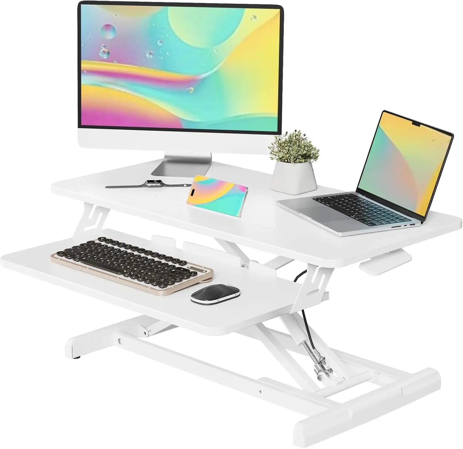 32" Height Adjustable Standing Desk Converter with Keyboard Tray, White, Home Office Workstation Riser