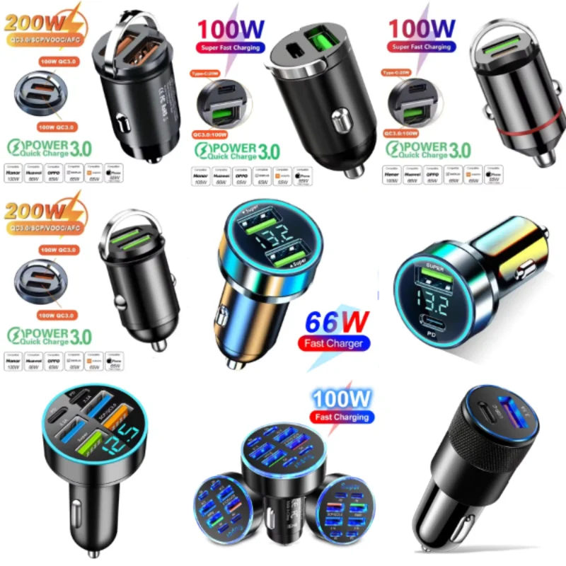 2025 200W mini car charger fast charging for iPhone QC3.0 mini PD USB Type C car mobile phone charger for Xiaomi Samsung Huawei
