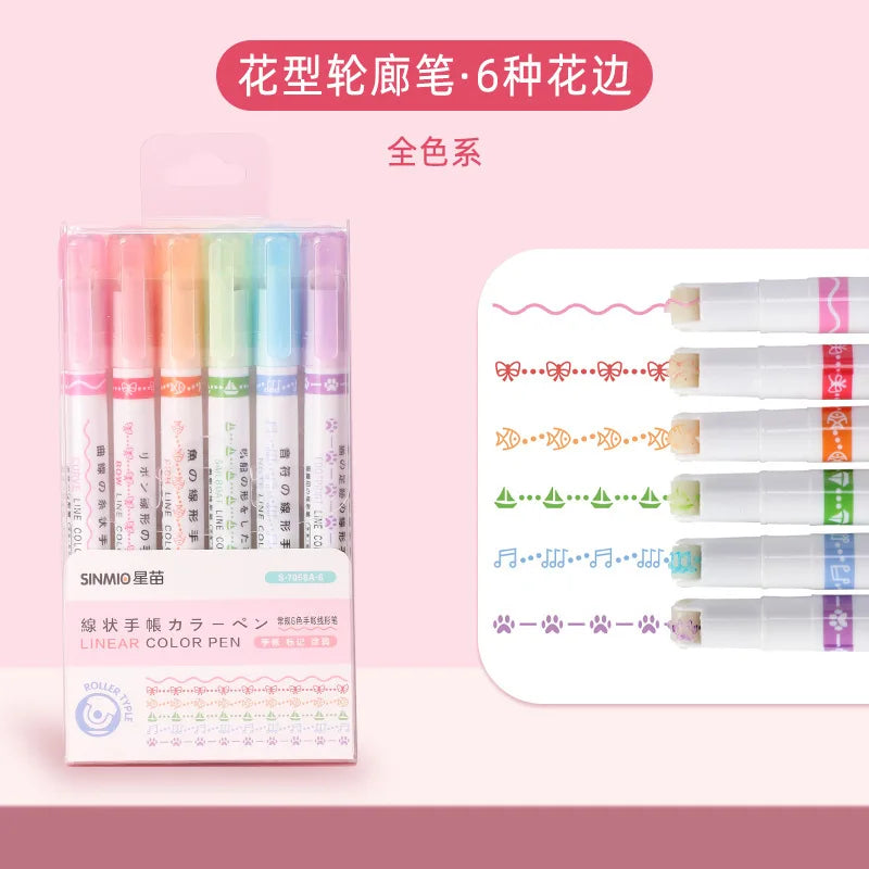 6Pcs Set Flower Shape Outline Pens Highlighter Marker Curve Roller Tip Pen Cute Stationery Kawaii Graffiti School Accessories