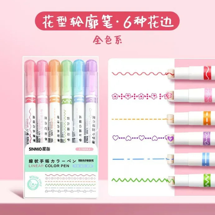 6Pcs Set Flower Shape Outline Pens Highlighter Marker Curve Roller Tip Pen Cute Stationery Kawaii Graffiti School Accessories