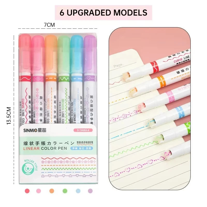 6Pcs Set Flower Shape Outline Pens Highlighter Marker Curve Roller Tip Pen Cute Stationery Kawaii Graffiti School Accessories